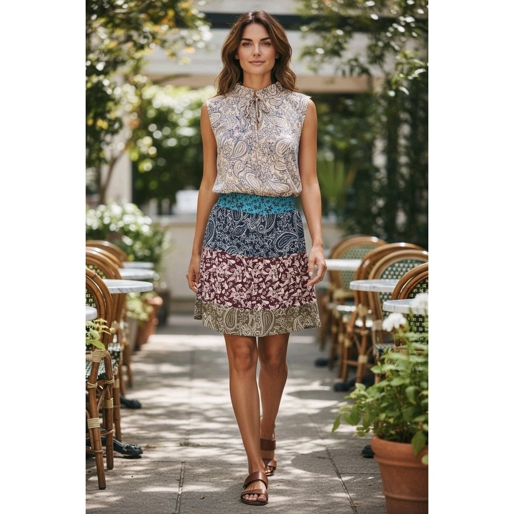CAbi Dani Paisley Dress Tiered Patchwork Floral‎ Smocked Boho SZ S Cottagecore